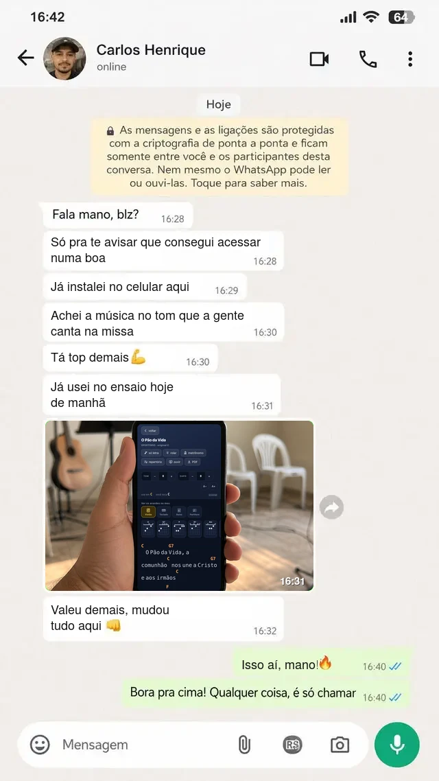 Conversa de um músico contando que achou a cifra no tom certo
