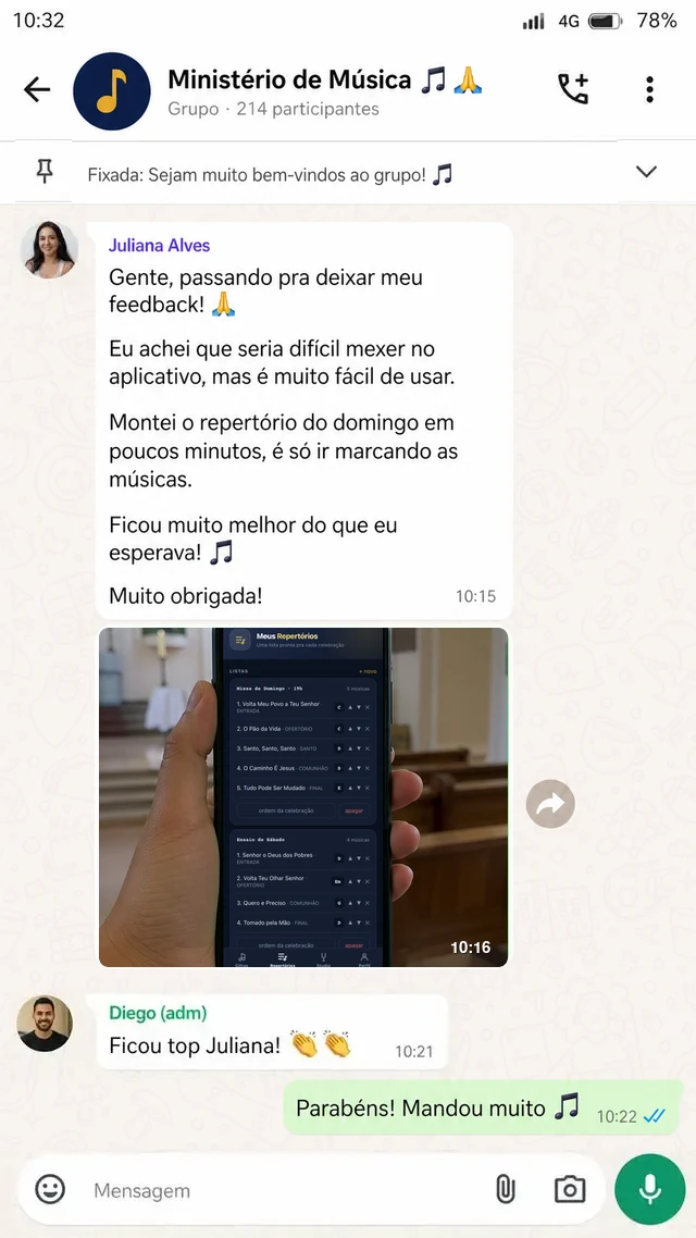 Mensagem no grupo da banda sobre o repertório do culto