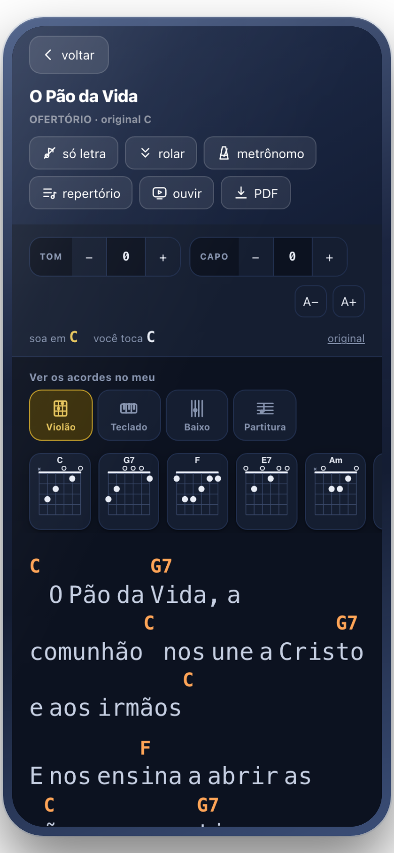Tela do aplicativo: a cifra com os acordes destacados