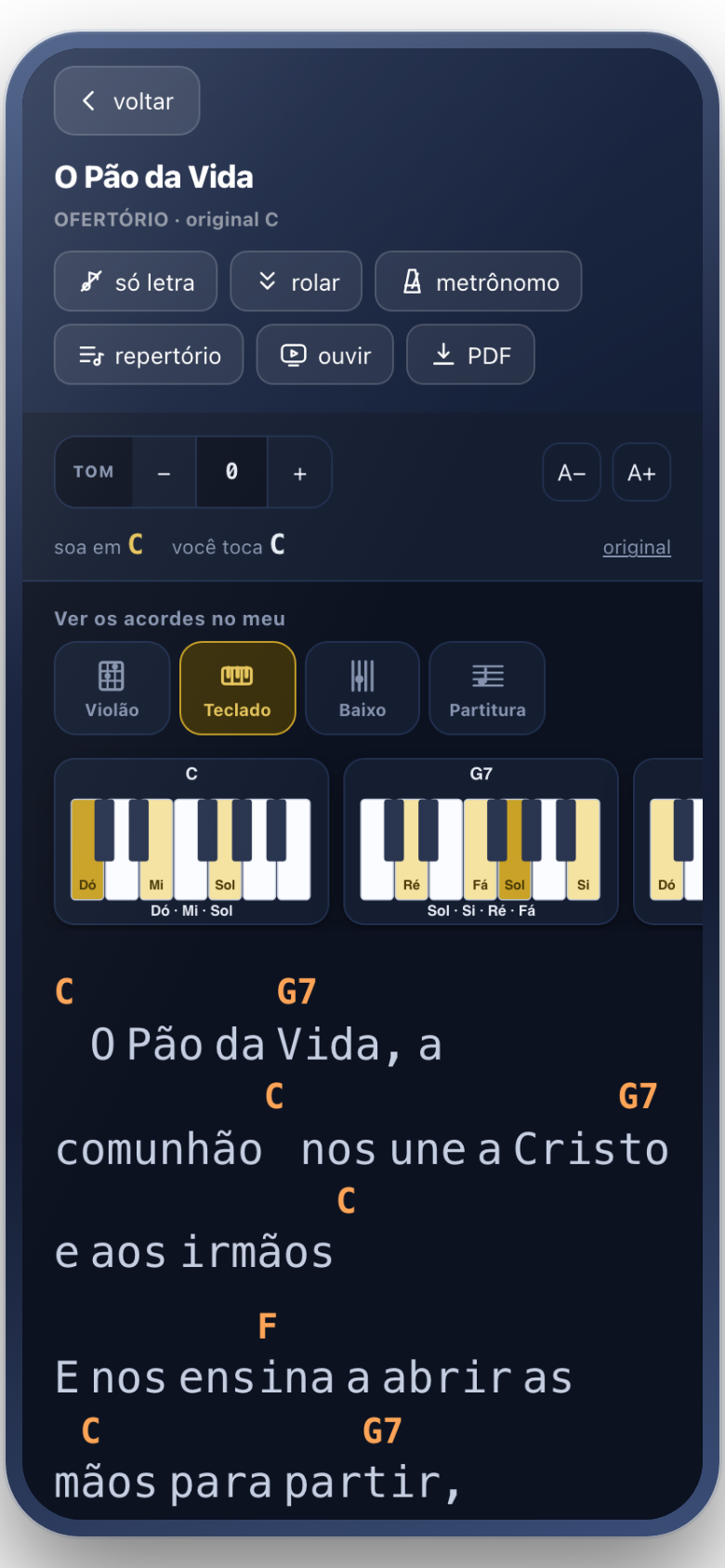Tela do aplicativo: desenho do acorde no violão e no teclado
