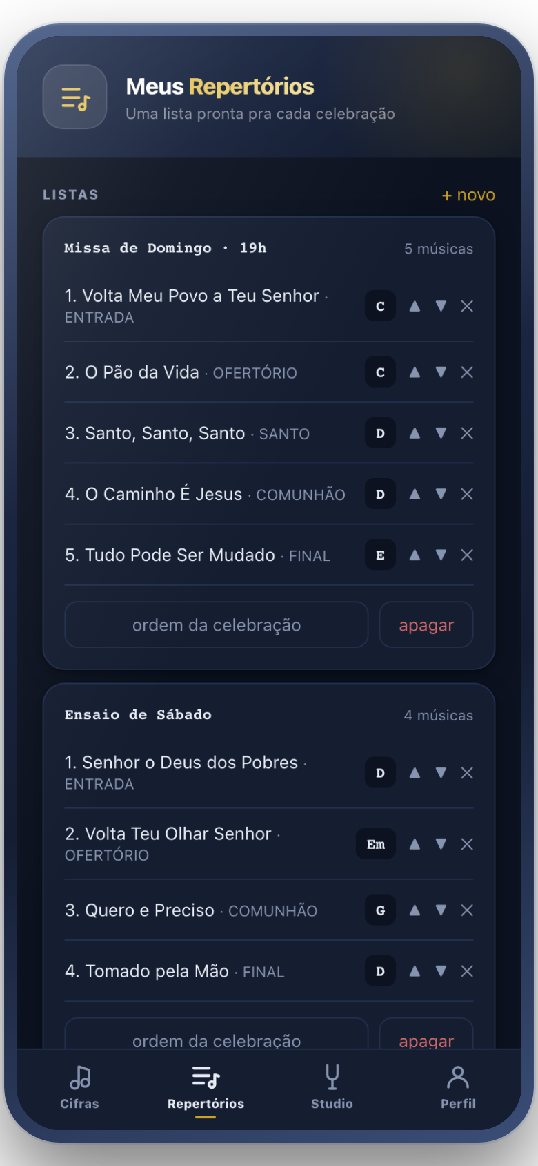 Tela do aplicativo: repertório na ordem da celebração