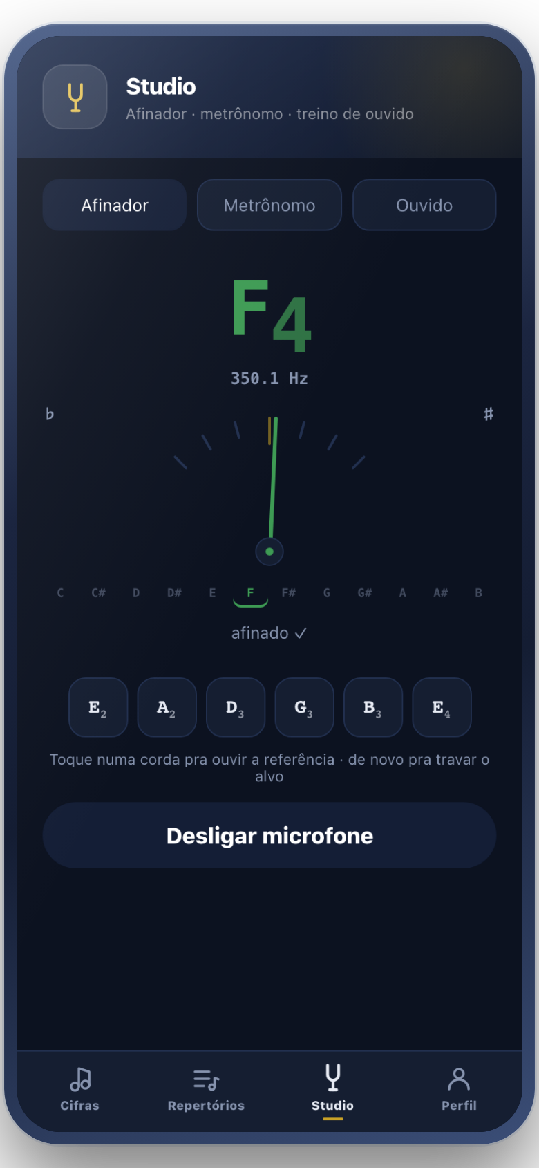 Tela do aplicativo: afinador achando a nota