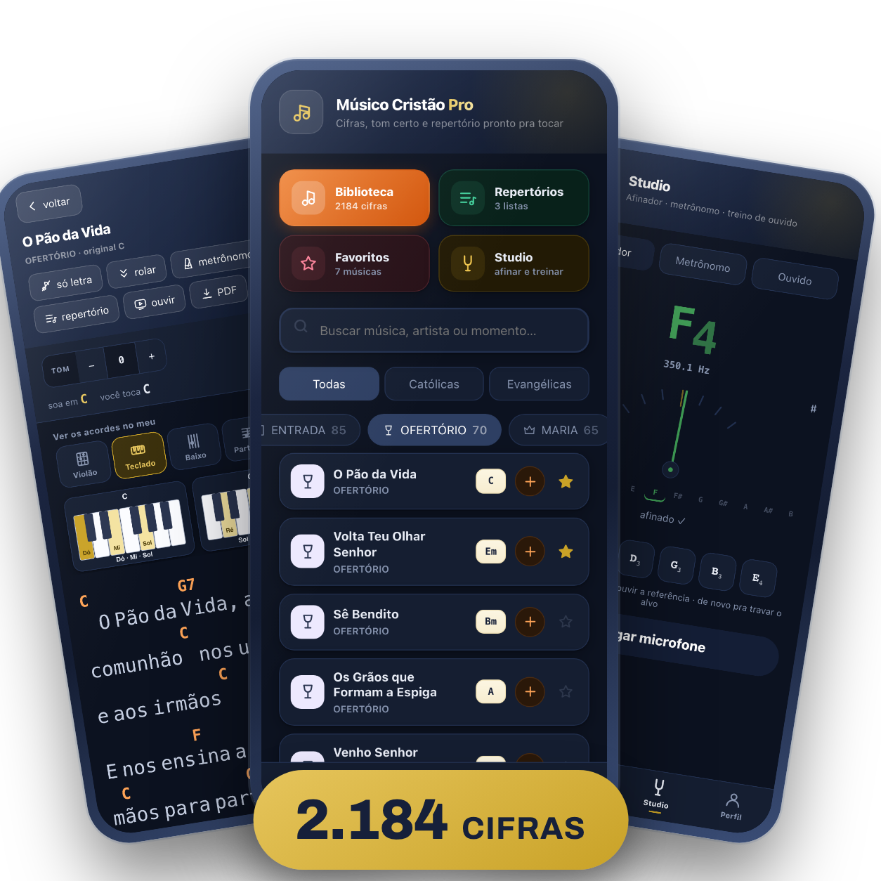 Aplicativo Músico Cristão Pro aberto no celular com a cifra, os acordes desenhados e o repertório